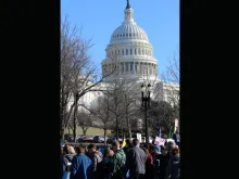 Attendees of the 2018 March for Life make their way past the U.S. Capitol building.